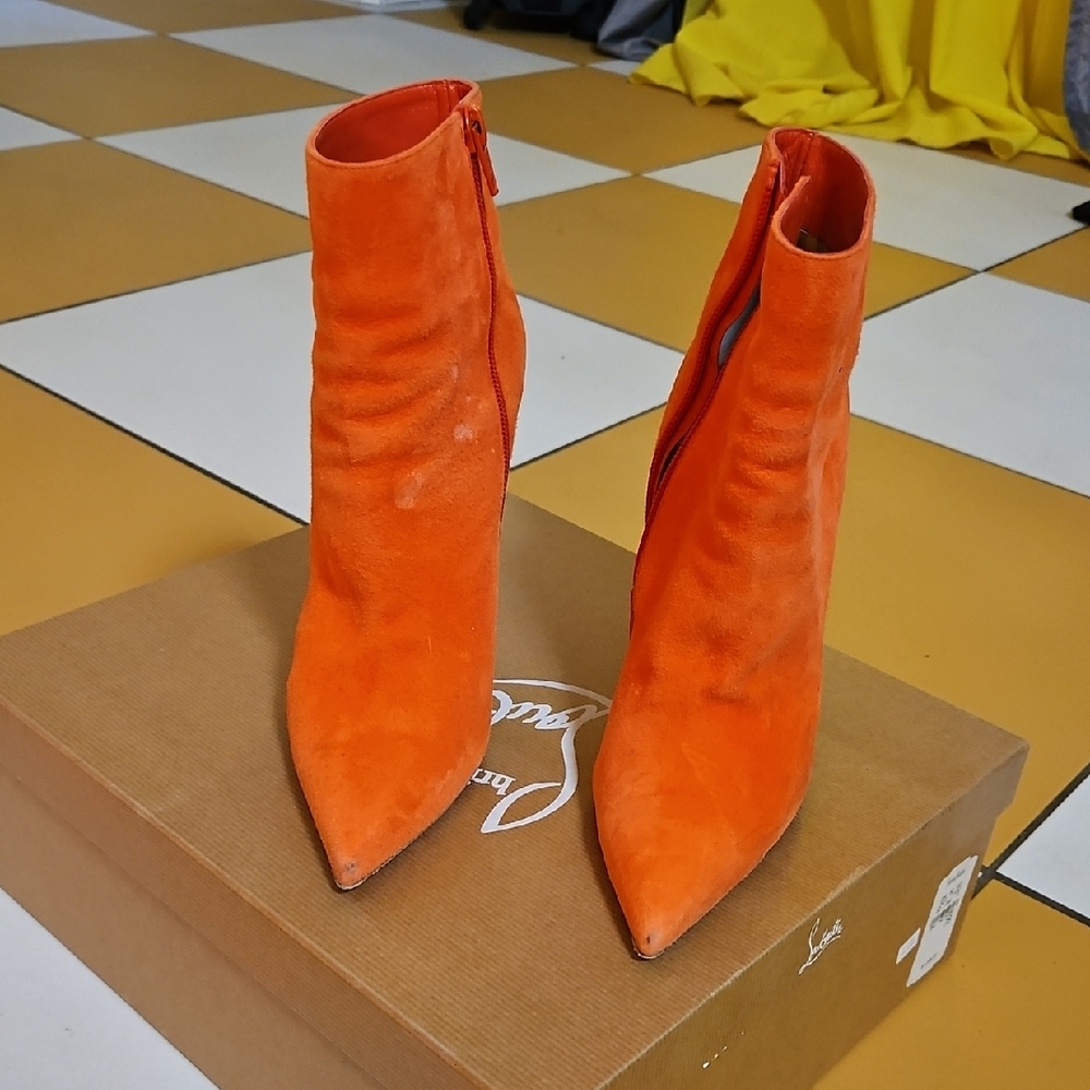 Christian Louboutin Orange Suede Pointed Toe Ankle Boots